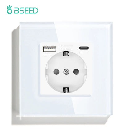 BSEED EU Standard Wall Electrical Sockets Type-C Outlets Wall Power Socket USB Charge Port Glass Panel Kids Protection 16A