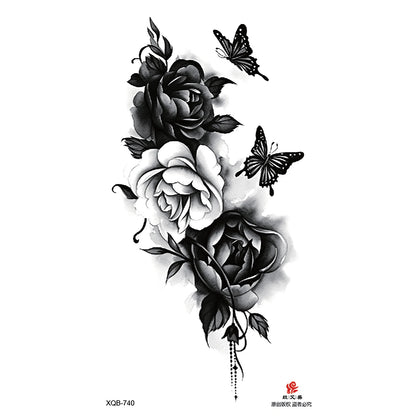Black Flower Waterproof Temporary Tattoo Sticker, Beauty Butterfly Rose for Women, 3D Flash Body Arm Art Washable Fake Tattoos