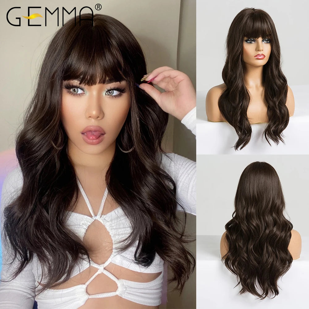 GEMMA Ombre Brown Blonde Long Straight Synthetic Wigs with Bangs Cosplay Wig for Women High Temperature Natural Fake Hair