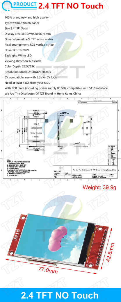 TFT Display, 0.96/1.3/1.44/1.8/2.4/2.8/3.5 Inch TFT Full Color Screen LCD Module, ST7735 ILI9341 Driver Interface SPI for Arduino