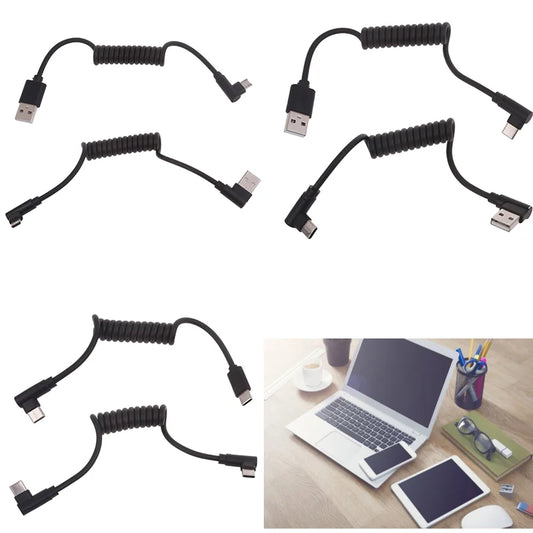 60W Fast Charging USB C to USB2.0, USB A to Micro USB, Type C to Type C Coiled Cable, 90 Degree Right Angle Design Cable for Smartphone Tablet Speaker Headphone