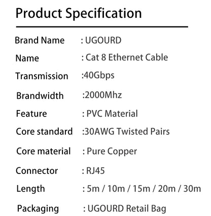 CAT 8 Ethernet Cable 40Gbps 2000MHz CAT8 RJ45 Network Lan Patch Cord Flat 10m 15m 20m 30m 50 ft 100feet for Modem Router PS 5/4