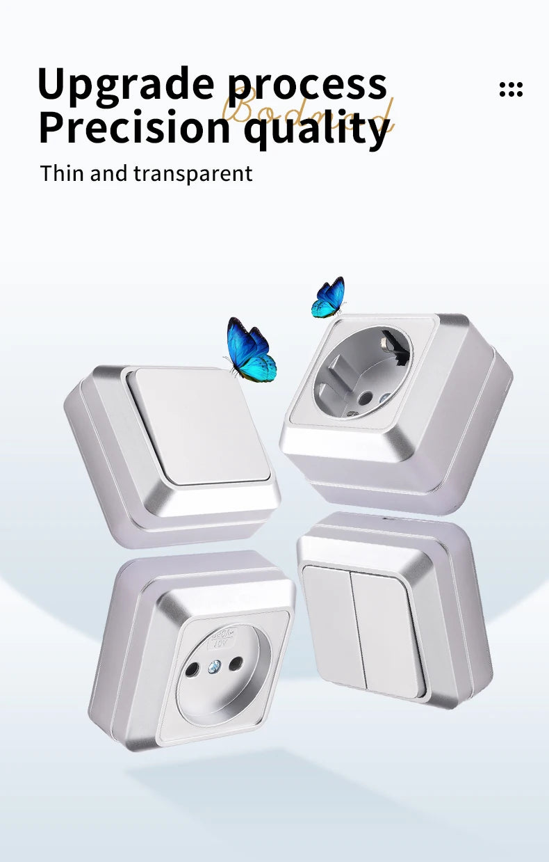 Silvery Wall Surface Button, Light Switch, EU Spray Paint Plastic Outdoor 1 Gang 1 Way, Wall Exterior Rocker On/Off  Switch, WESA