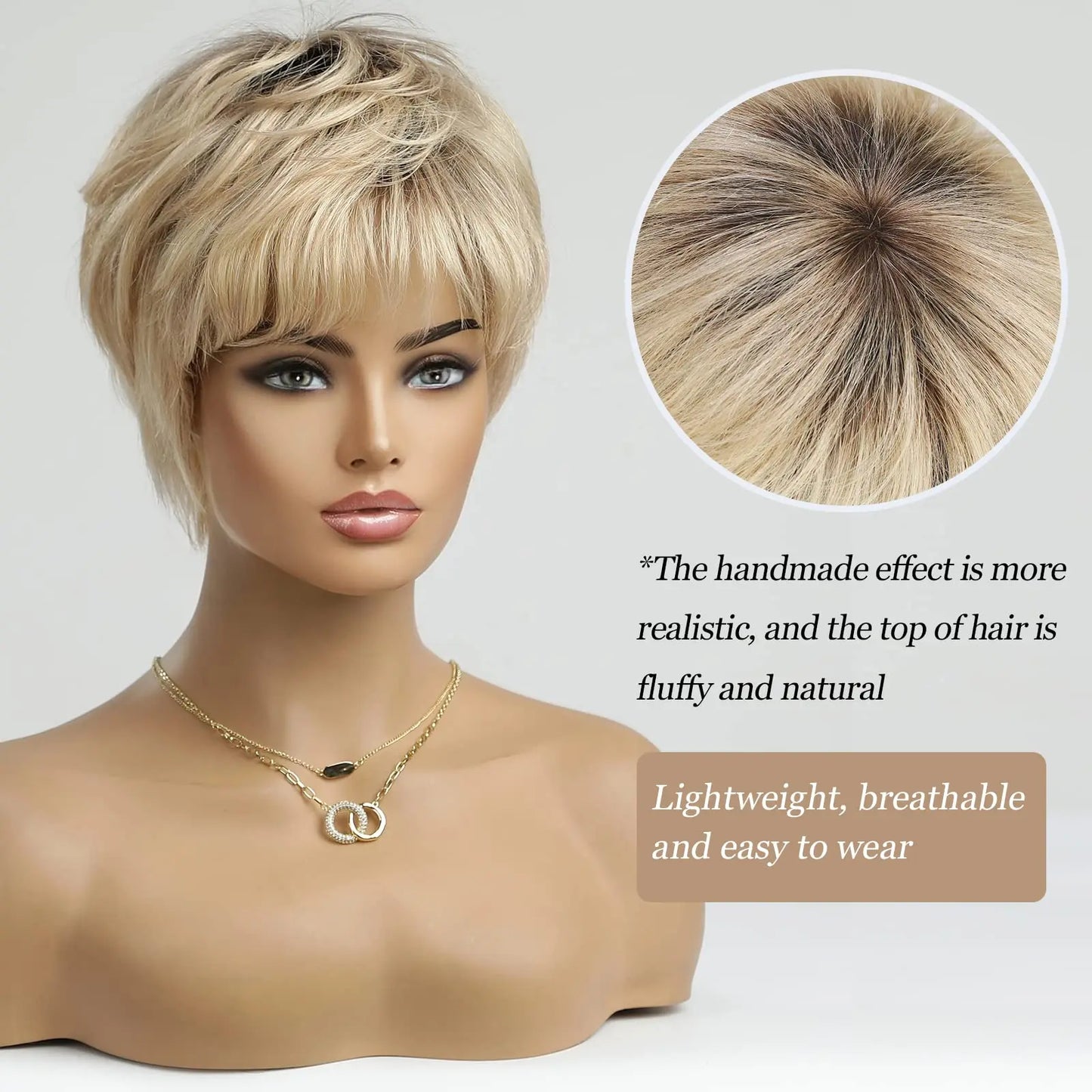 100% Remy Human Hair Wigs, Ombre Blonde Short Bob Pixie Cut Machine Made Wig with Bangs, Human Hair Natural Layered Wigs for Women