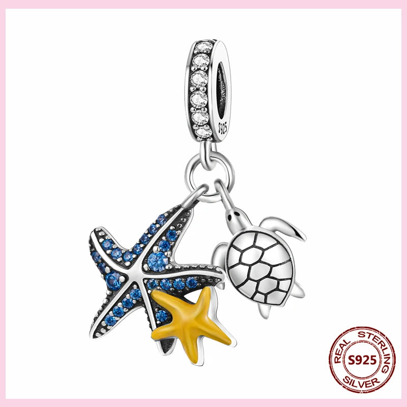 PAMELA 925 Sterling Silver Sea Turtle Starfish Blue Charm Dolphin Octopus Shell Bead For Original Charms Bracelets Ocean Jewelry