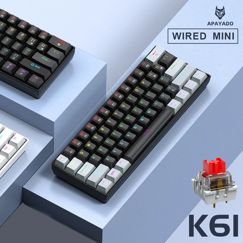 APAYADO K61 Mini Mechanical Keyboard, Wired, 61 Keys, Phantom RGB, Black/White Red/Blue Mechanical Switch for Gaming, 60% Portable
