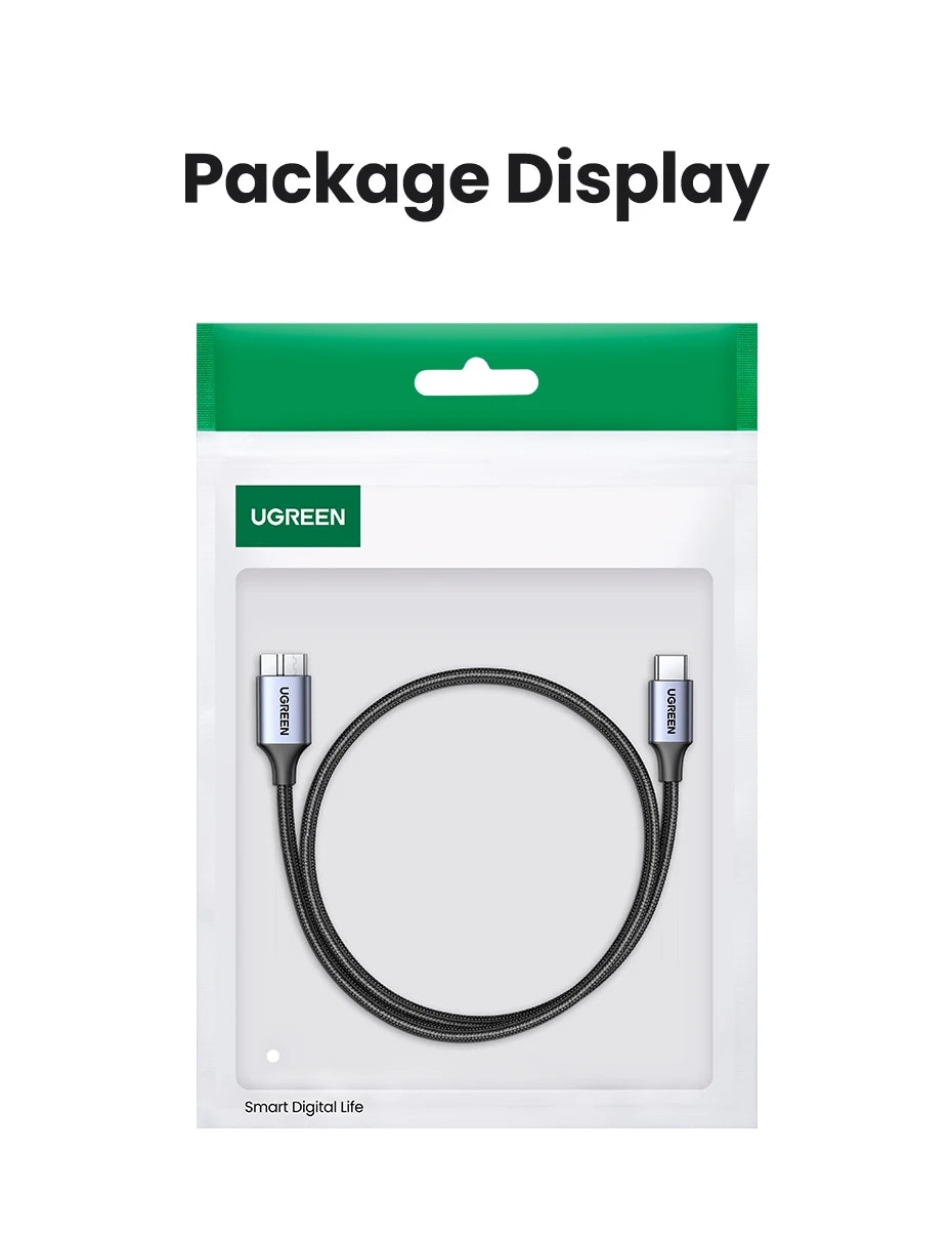 USB C to Micro B 3.0 Cable, 5Gbps 3A, Fast Data Sync Cord For Macbook Hard Drive Disk HDD, SSD Case USB Type C Micro B Cable ,UGREEN