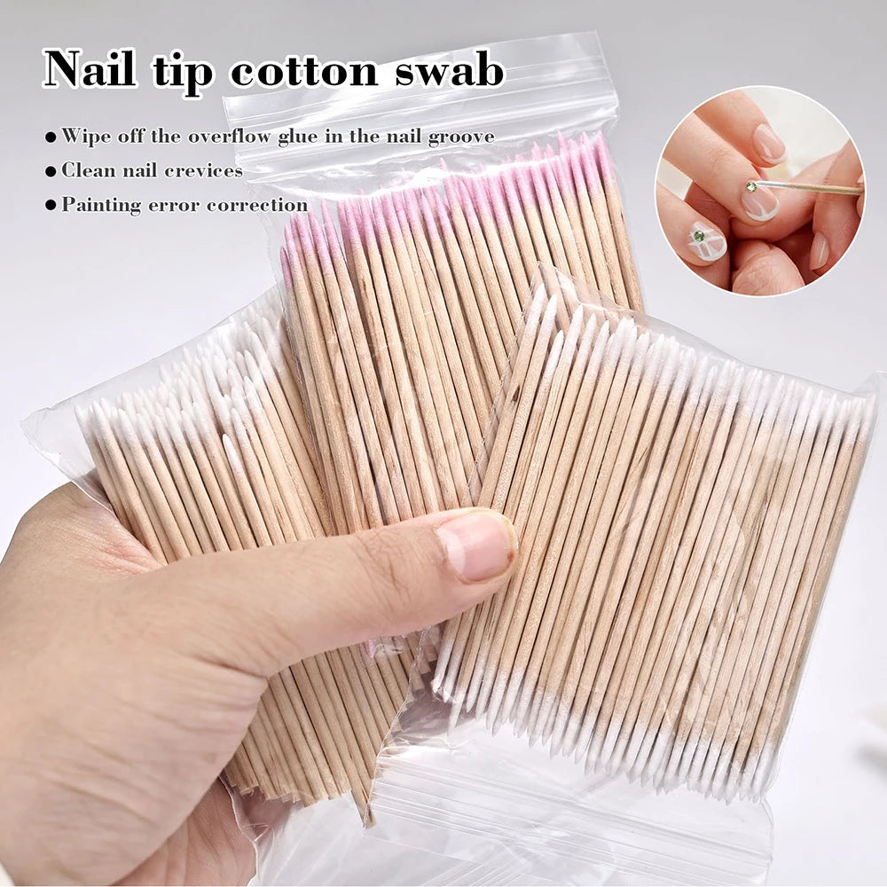 100PCS Nail Tip Cotton Swabs With Wooden Sticks Pointed Tip Cotton Swabs For Nail Polish Touch Up Disposable Makeup Applicators