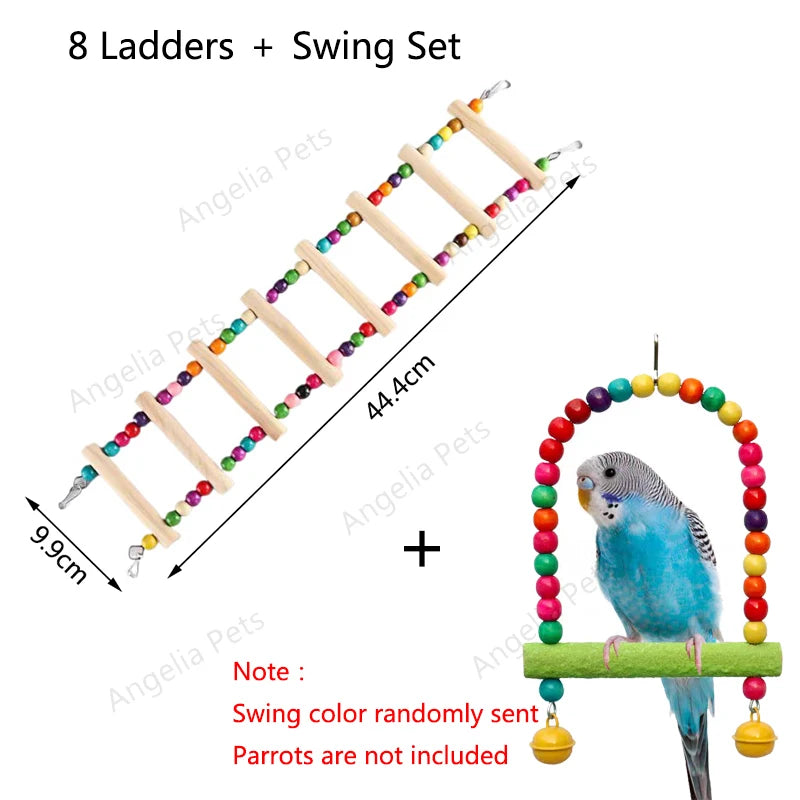 Natural Wood Birds Pets Parrots Ladders Climbing Toy Hanging Colorful Balls Parrot Swing Toys for Conures Parakeets Cockatiels