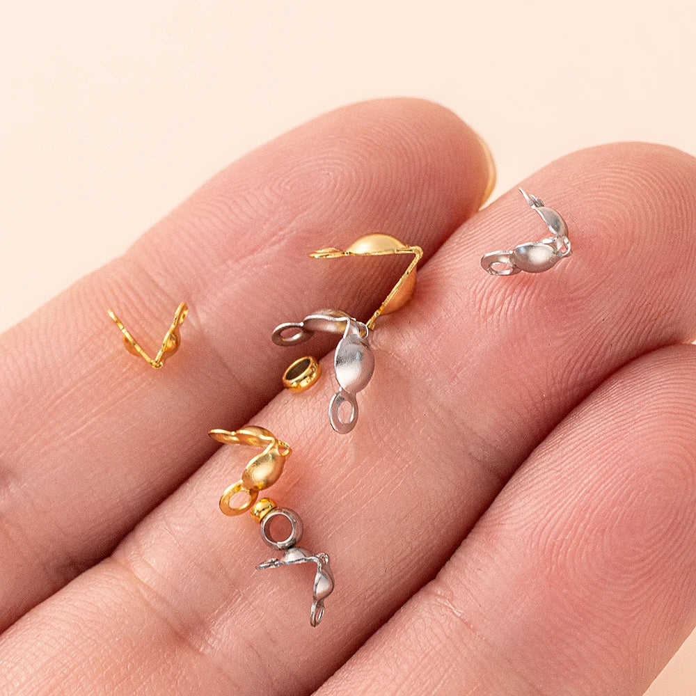 50pcs Stainless Steel Crimp Bead Tips Knot Covers Clamshell Fold-Over Bead Tips with 50pcs End Caps for Jewelry Making Craft DIY