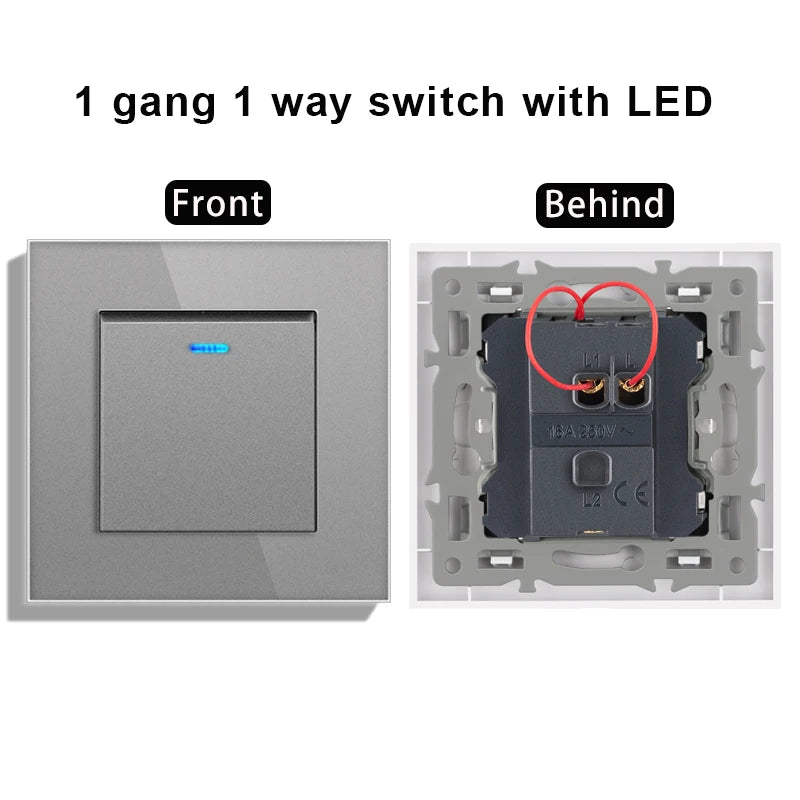 novski Crystal Tempered Glass Panel 1 Gang 1way, 1 Gang 2way, 2 Gang 1way, 2 Gang 2way, Wall Switch with LED Indicator 16A 250V