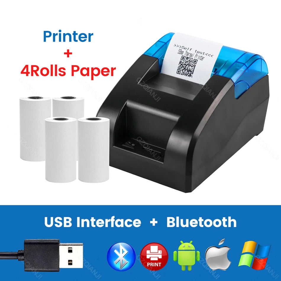 58MM Desktop POS Cashier Printer USB Bluetooth Thermal Receipt Printer Restaurant Sales Kitchen Bill Printing for Mobile Windows
