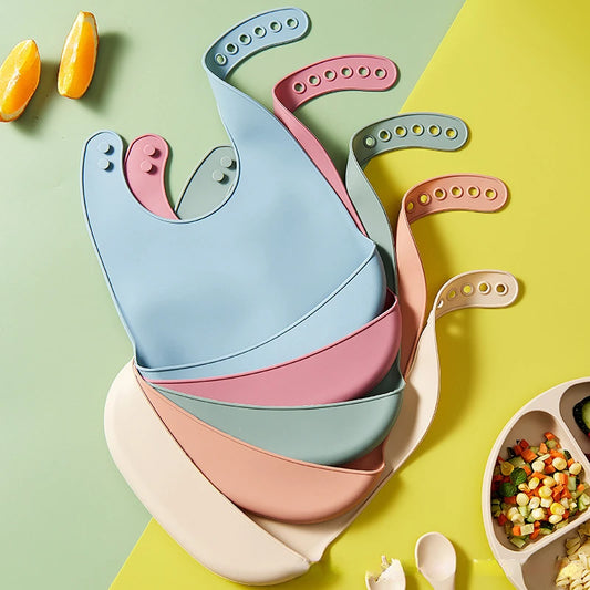Baby Silicone Bibs Babies Waterproof Bib Solid Color 6-Speed Adjustable Saliva Pocket Children's Burp Cloth Accessories Newborn