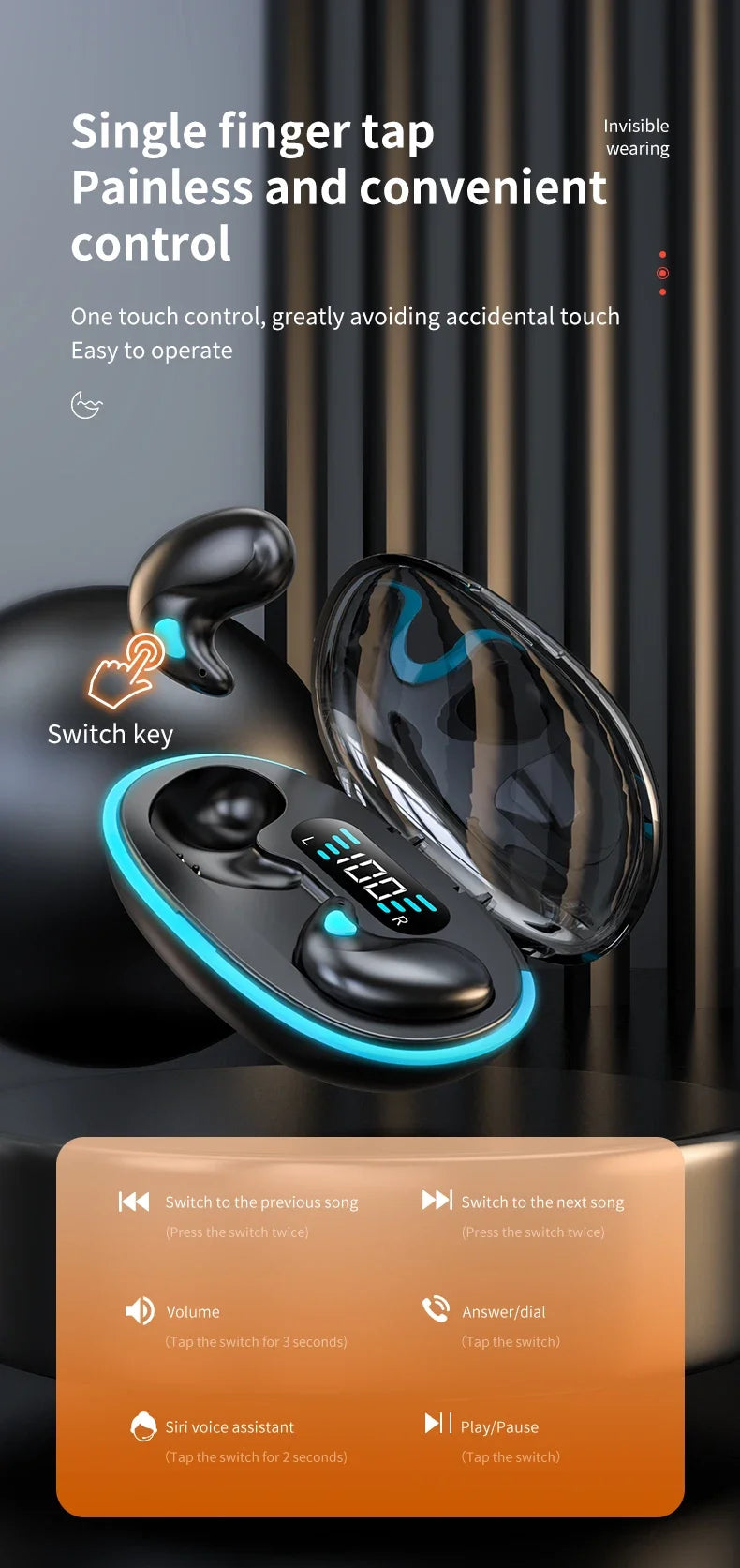 Sleep Wireless Earphone TWS Bluetooth 5.3 Headphones Hidden Earbuds IPX5 Waterproof Noise Reduction Sports Headset