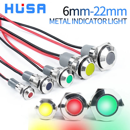 6mm 8mm 10mm 12mm 14mm Metal LED Warning Indicator Light Signal Lamp Pilot Wire 3-6V 12-24V 220V Waterproof IP65 Red Green Blue