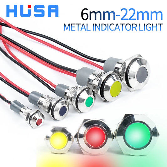 6mm 8mm 10mm 12mm 14mm Metal LED Warning Indicator Light Signal Lamp Pilot Wire 3-6V 12-24V 220V Waterproof IP65 Red Green Blue