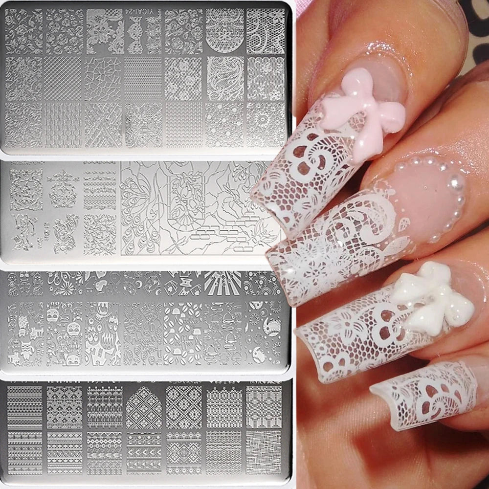 1Pc White Lace Nail Art Templates Stripes Stamping Plate Wedding Bridal Floral Leaves Stamp Templates Stainless Steel Nail Tools