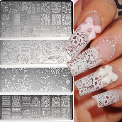 1Pc White Lace Nail Art Templates Stripes Stamping Plate Wedding Bridal Floral Leaves Stamp Templates Stainless Steel Nail Tools