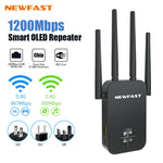 Newfast 1200Mbps WiFi Repeater Long Range OLED 5Ghz WiFi Signal Extenders Amplifier Signal Booster Antenna Repeater UK Plug