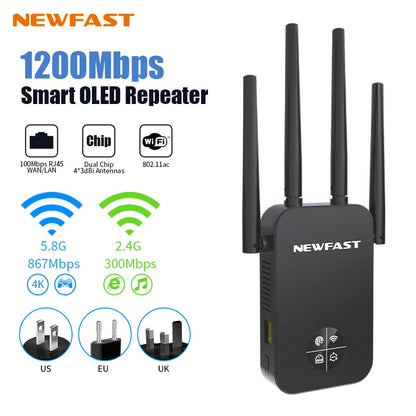 Newfast 1200Mbps WiFi Repeater Long Range OLED 5Ghz WiFi Signal Extenders Amplifier Signal Booster Antenna Repeater UK Plug