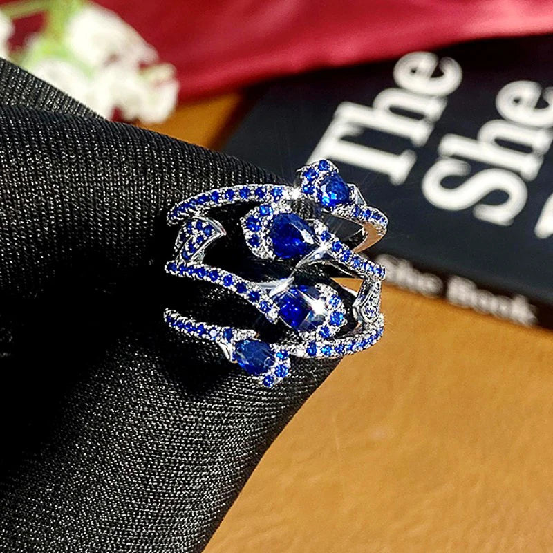 Huitan Gorgeous Blue Cubic Zirconia Wedding Rings for Women Newly Designed Fashionable Female Accessories Party Trendy Jewelry