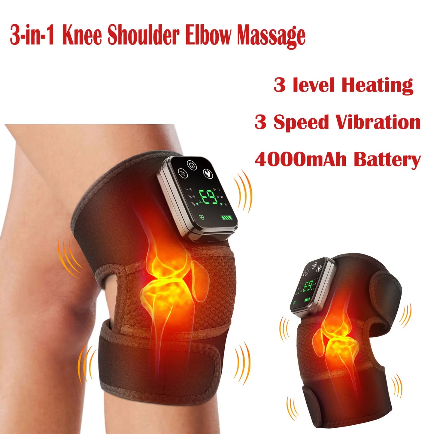 3-in-1 Heated Vibration Massager for Knee, Shoulder, and Elbow - 3 Heat Levels, 3 Vibration Modes, Non-Slip Wrap Design