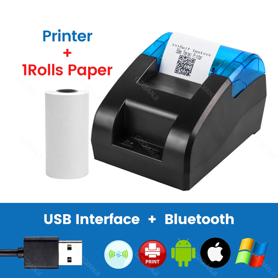 58MM Desktop POS Cashier Printer USB Bluetooth Thermal Receipt Printer Restaurant Sales Kitchen Bill Printing for Mobile Windows