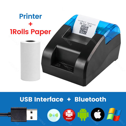 58MM Desktop POS Cashier Printer USB Bluetooth Thermal Receipt Printer Restaurant Sales Kitchen Bill Printing for Mobile Windows
