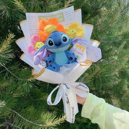 Auténticas muñecas de peluche Amine Stitch con girasoles, rosas, ramos creativos, regalos para Navidad, cumpleaños, graduación y San Valentín