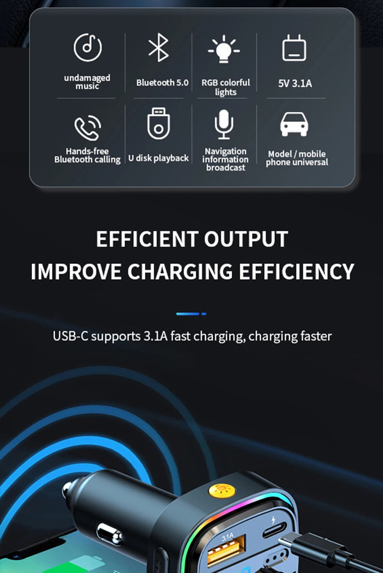 Car MP3 Player FM Transmitter Car Charger Type C Bluetooth 5.0 Handsfree Bluetooth Calling Super Quick Charge Adapter for Car