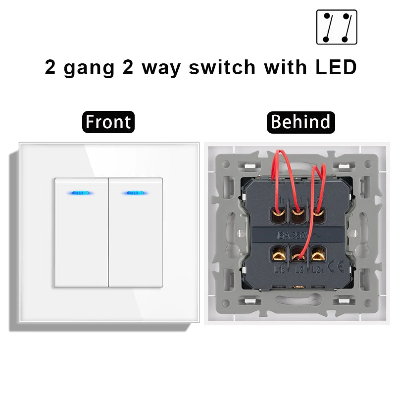 novski Crystal Tempered Glass Panel 1 Gang 1way, 1 Gang 2way, 2 Gang 1way, 2 Gang 2way, Wall Switch with LED Indicator 16A 250V