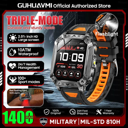 2026 Military outdoor SmartWatch Fitness Clock Men 2.01 inch AMOLED Screen 1400mAh Battery Flashlight Call Waterproof Smart Band