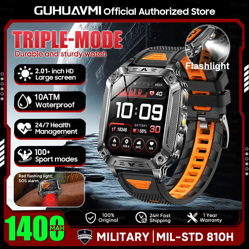 2026 New 1400mAh Large Battery Military Outdoor 2.01 inches Smart watch Men 10ATM Waterproof Bluetooth Call Sports Smart Watch