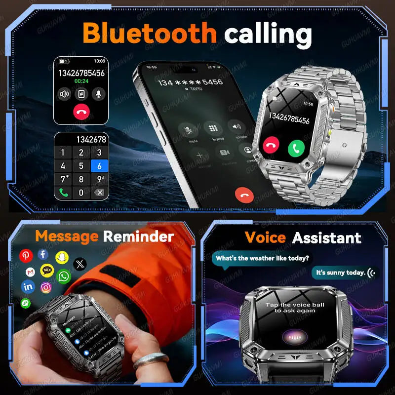 2026 Military outdoor SmartWatch Fitness Clock Men 2.01 inch AMOLED Screen 1400mAh Battery Flashlight Call Waterproof Smart Band