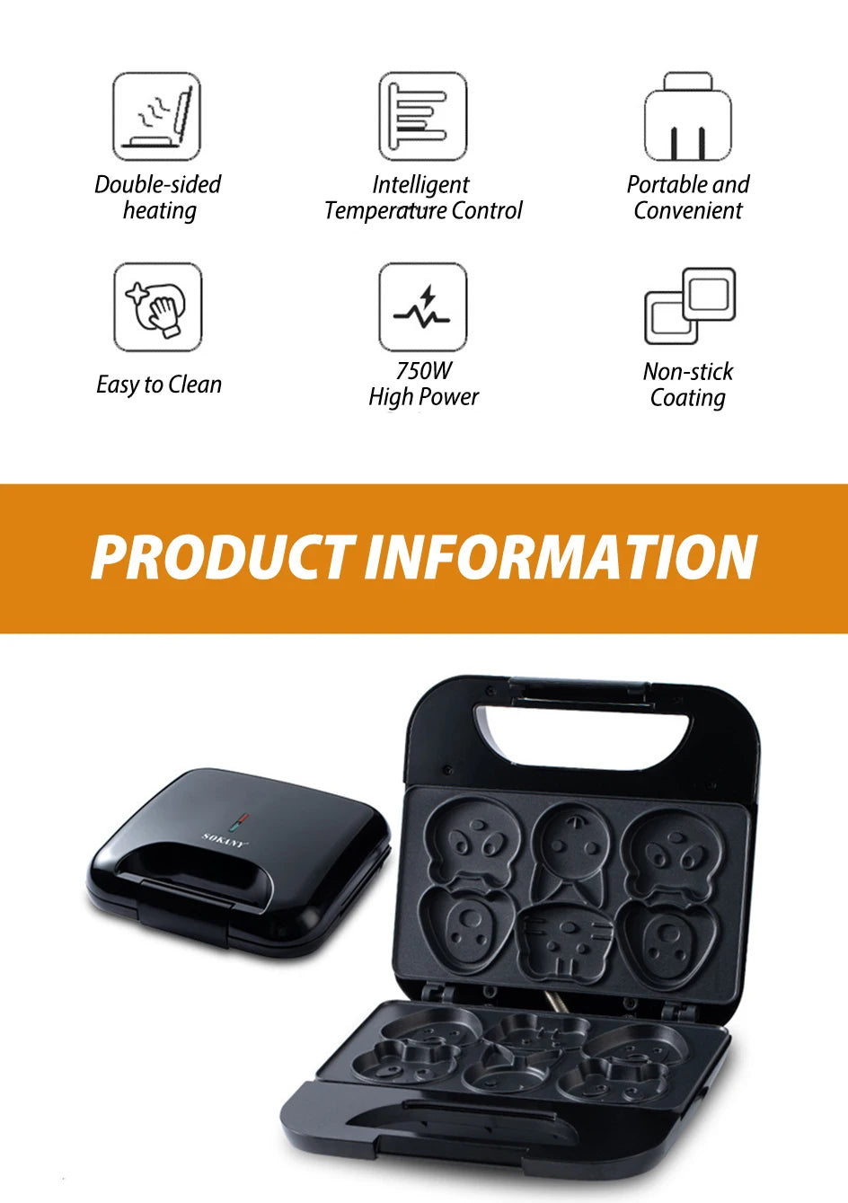 Animal Mini Waffle Maker, 6 Animal Shaped Pancakes Breakfast Machine, Non-Stick Waffler Iron, Household for Kids Adults, Fun Gift