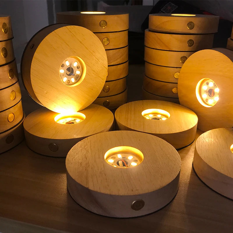 Creative DIY Wooden Luminous Lamp Holder Touch Switch Rechargeable LED Light Display Base Crystal Glass Resin Art Ornament