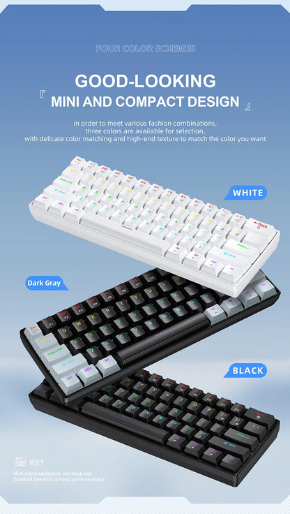 APAYADO K61 Mini Mechanical Keyboard, Wired, 61 Keys, Phantom RGB, Black/White Red/Blue Mechanical Switch for Gaming, 60% Portable