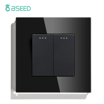Bseed EU Standard Mechanical Reset Switch 1/2/3Gang 1Way Push Button Switches With Crystal Glass Panel White Black 250V