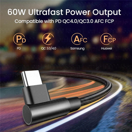 100W USB Type-C to USB-C 90-Degree Angle Cable for iPhone 15 Pro, iPad, MacBook Pro, Xiaomi, Huawei Fast Charging Type-C Data Cord