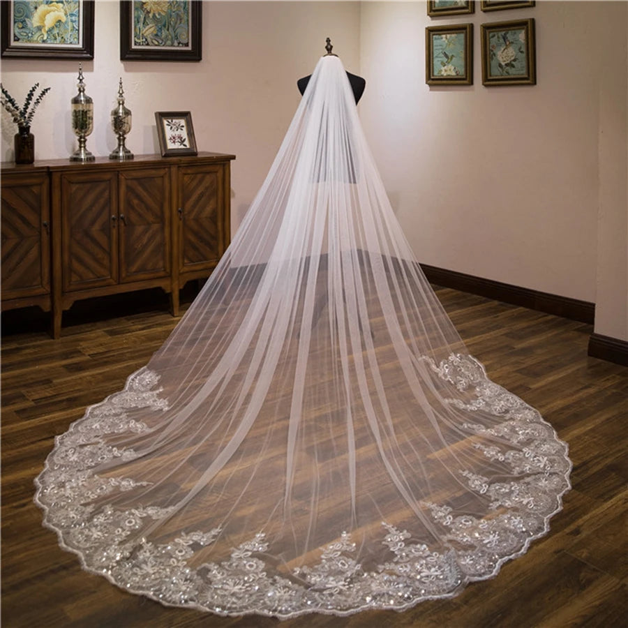 Wedding Veil Lace Edge Long Luxurious Bridal Veil, Applique Sequins White/Ivory Veil With Comb, Cathedral One-Layer 3M/4M/5M