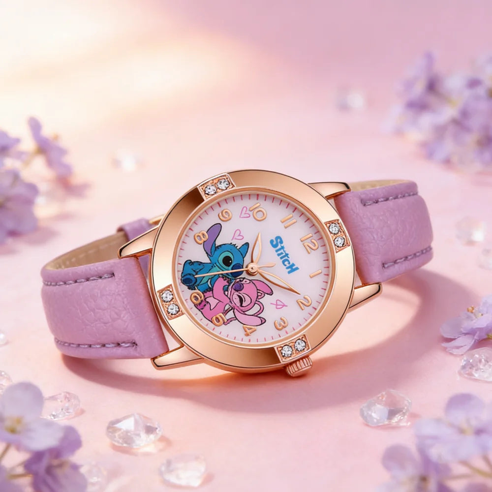 Cartoon Stitch Watches Kids Boys Girls Cute Cartoon Imitation Diamond Wristwatch Belt Student Quartz Watch Children Gifts