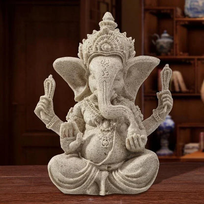 Handmade Sandstone Ganesha Buddha Elephant Statue Sculpture Figurine for Home Decoration, Living Room