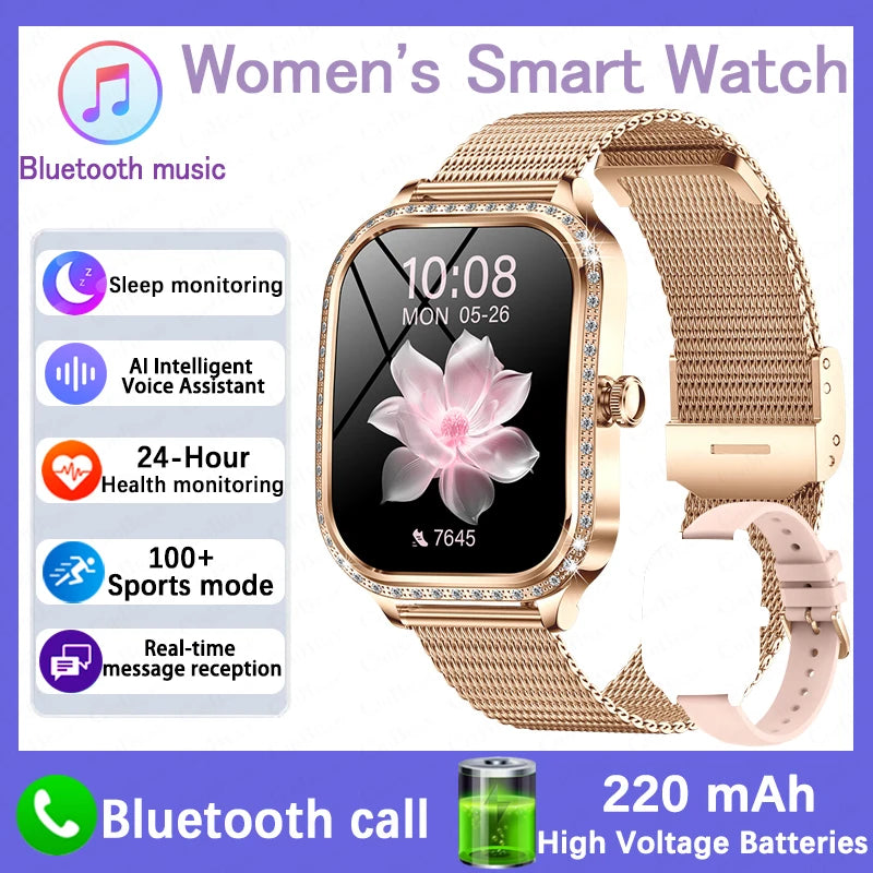 2026 New Fashion Women Diamond Smartwatch Heart Rate Blood Pressure Monitor Music Playback AI Voice Sports BT Calling SmartWatch