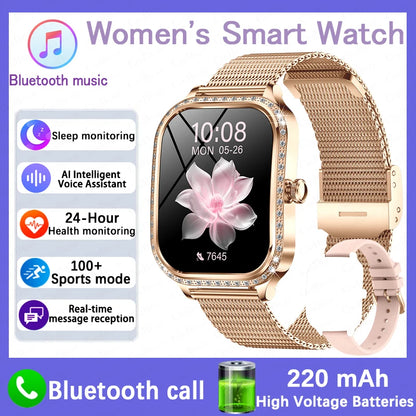 2026 New Fashion Women Diamond Smartwatch Heart Rate Blood Pressure Monitor Music Playback AI Voice Sports BT Calling SmartWatch
