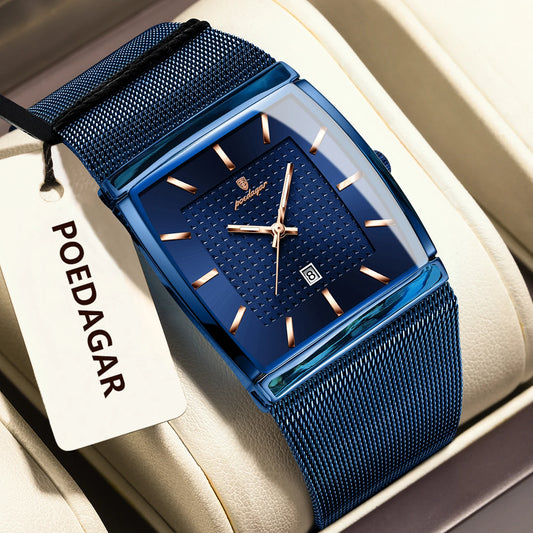 POEDAGAR Fashion Luxury Man Wristwatch Waterproof Luminous Stainless Steel Mesh Men's Watch Date Quartz Business Watches For Men