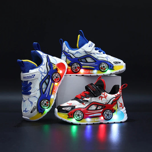 Mgo Kidss New Spring and Autumn Children's Car-Themed Boys' Sneakers, Cartoon Light-Up Shoes for Kids, Boys' Glowing Running Shoes for Ages 1-3-6, Led Light-Up Shoes, Lightweight Boys' Shoes, Light-Up Sneakers, Christmas/Halloween Gifts
