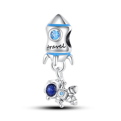 New 925 Sterling Silver Blue series moon Plane Space Beads Astronaut Charm Pendant Fit Original Bracelet Necklace DIY Gift Women