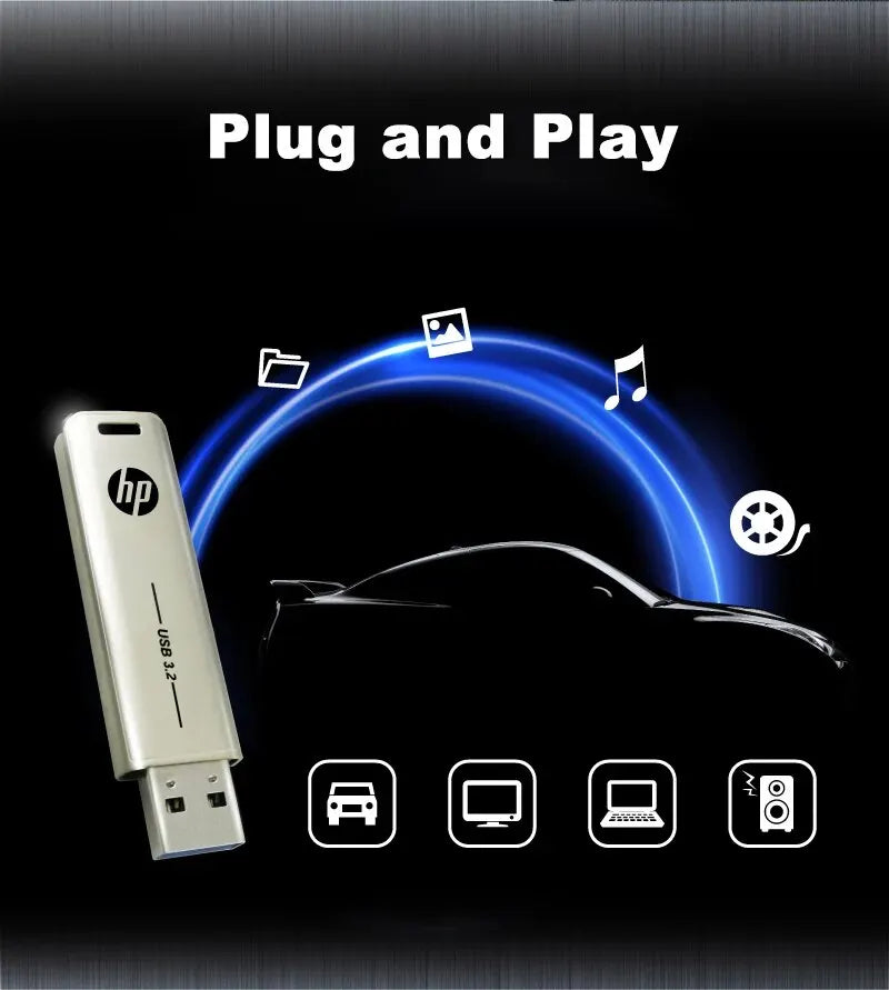 HP USB Flash Drive, 3.2 32GB 64GB, High Speed Sticks, External Storage, Metal Pen Drive, Creative Personality Car Music