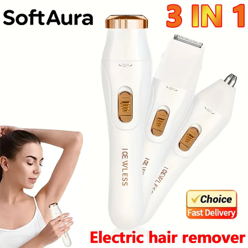 SoftAura 3 IN 1Electric Hair Trimmer for Women Waterproof Painless Body Hair Removal Bikini Arm Leg Face Shaver Personal Care