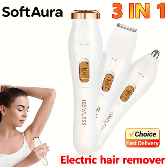 SoftAura 3 IN 1Electric Hair Trimmer for Women Waterproof Painless Body Hair Removal Bikini Arm Leg Face Shaver Personal Care